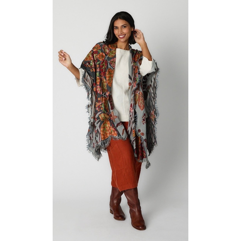 Art to wear Embroidered Pashmina Wool Ruana One size in Mountain Ash